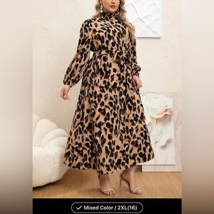 Plus Size Leopard Print Mock Neck Dress - Elegant, Long Sleeve, Belted
